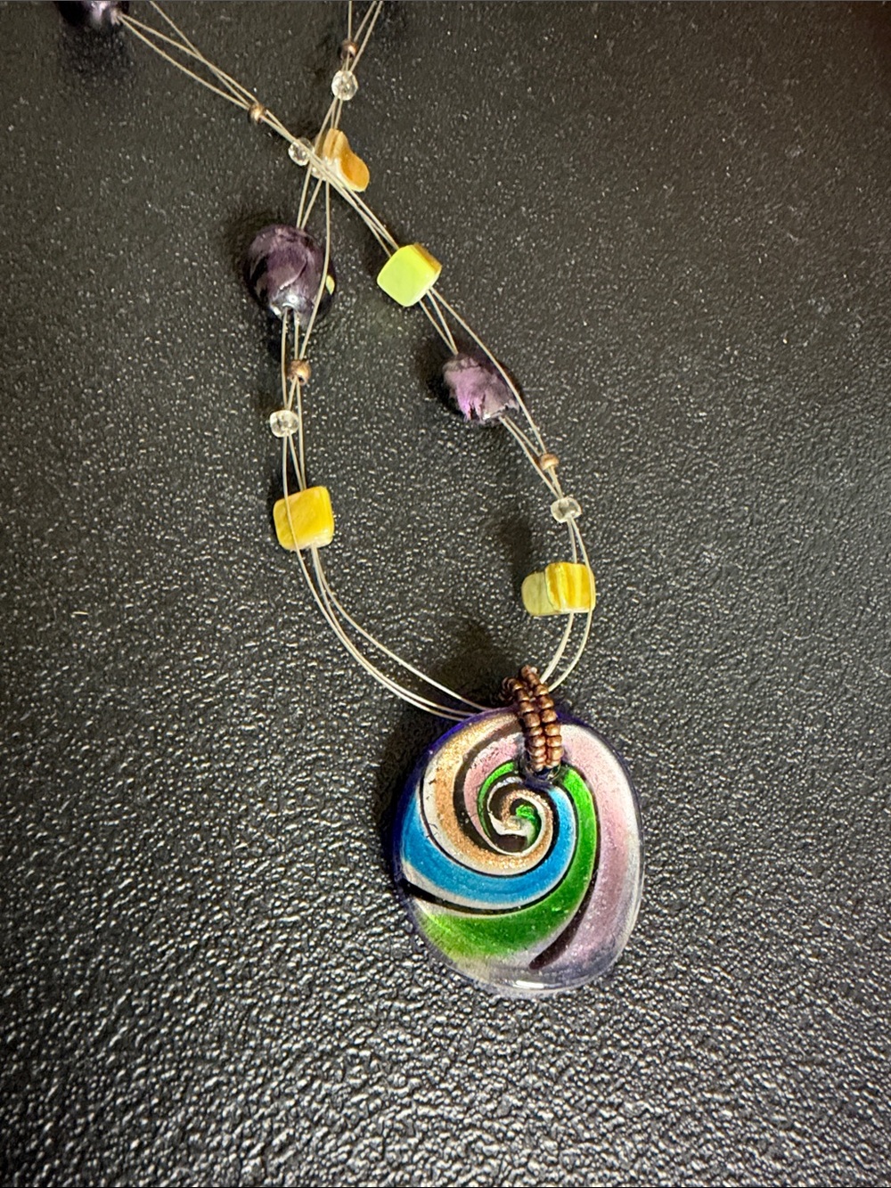 Multicolor Swirl Dichroic Glass Pendant Shell Necklace Green, Blue & Purple - Picture 7 of 7